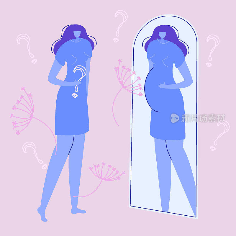 女人照镜子是因为有流产、婴儿丢失、怀孕丢失的概念。这是悲伤。插图适合医疗诊所海报或UI UX设计应用程序。